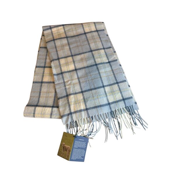 Johnstons of Elgin Scotland Lambswool Fringed Scarf Light Blue Plaid - Picture 1 of 5